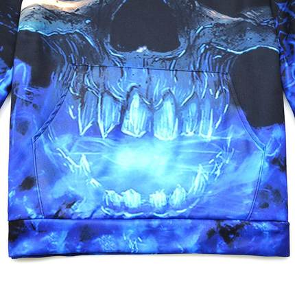 Blue skull hooded pocket pullover sweatshirt mens trendy