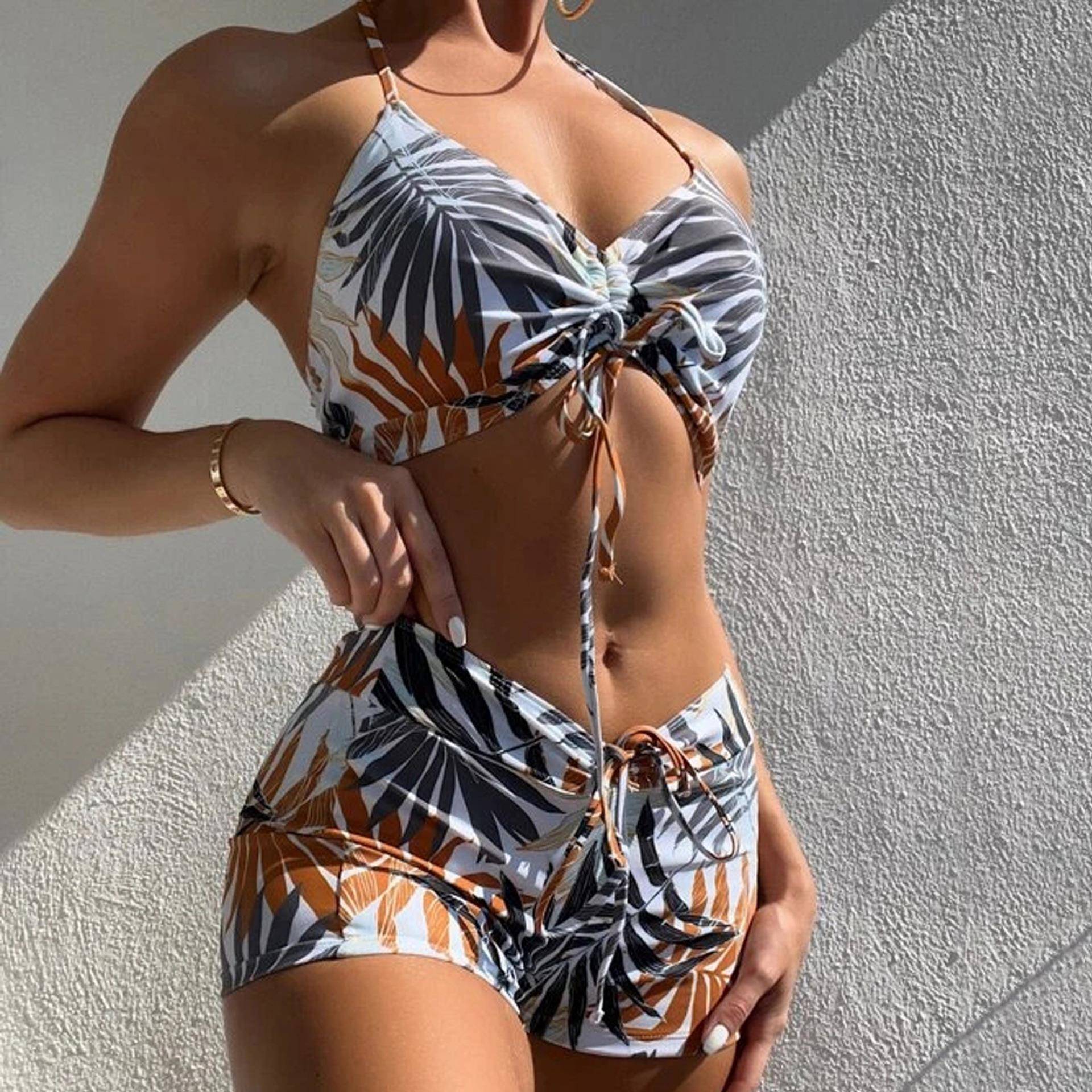 flowers and leaves neck halter shorts boxer swimsuit you