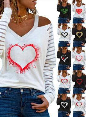 sleeves long striped transparent V-neck heart red of