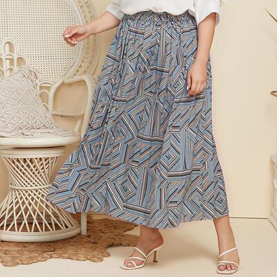 Plus Size Women's Geometric Pleated Skirt Loose Maxi Skirt