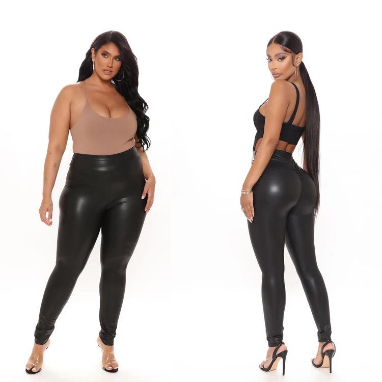 Faux leather stretch nine-point pants pleated yoga pants