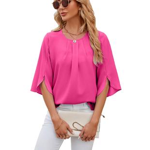 for loose color round neck Solid chiffon sleeve short shirt