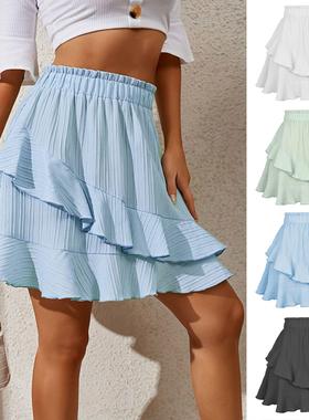 Womens ruffle skirt high waist irregular solid color short
