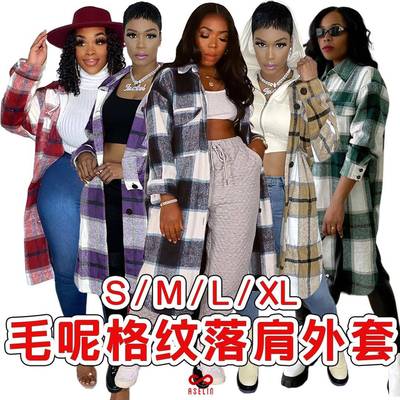 Womens nightclub clothes woolen fabric pocket plaid long