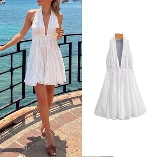 Fashionable women's hollow embroidery halter neck dress