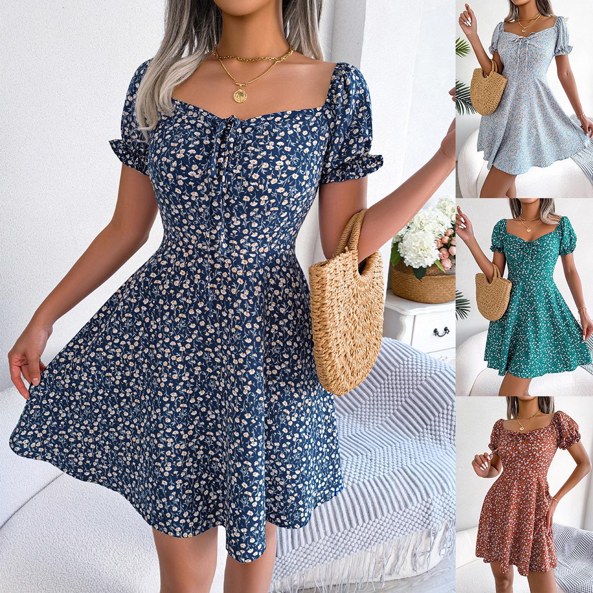 women for dress swing floral drawstring sleeve trumpet
