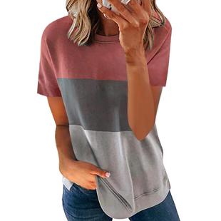Color Sleeve Contrast Casual Stitching Tops Womens Short