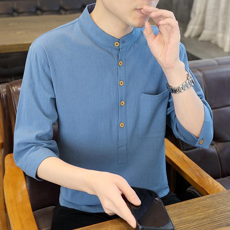 夏季薄款七分袖衬衫男士棉麻立领中袖衬衣T恤休闲纯色短袖上衣服