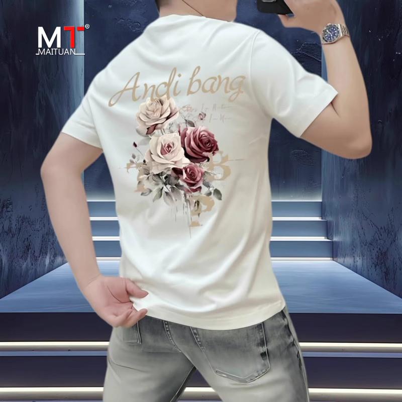高端白色男士短袖t恤2025新款夏季潮牌时尚花卉印花半袖上衣男款