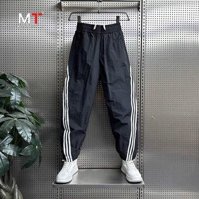 高端条纹速干运动裤子男士夏季薄款2025新款潮休闲男裤九分裤男款