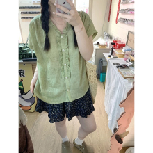 青苹果绿色天丝苎麻v领短袖衬衫女夏季法式褶皱木耳边小飞袖上衣