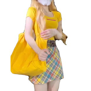 黄色正肩短袖t恤女夏季修身显瘦小个子chic甜辣妹多巴胺短款上衣