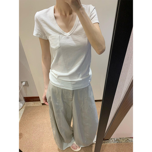 白色修身口袋V领短袖正肩t恤女夏
