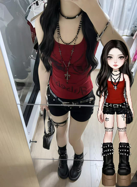 美式复古甜辣妹红色吊带背心女2025新款夏季外穿无袖修身显瘦上衣