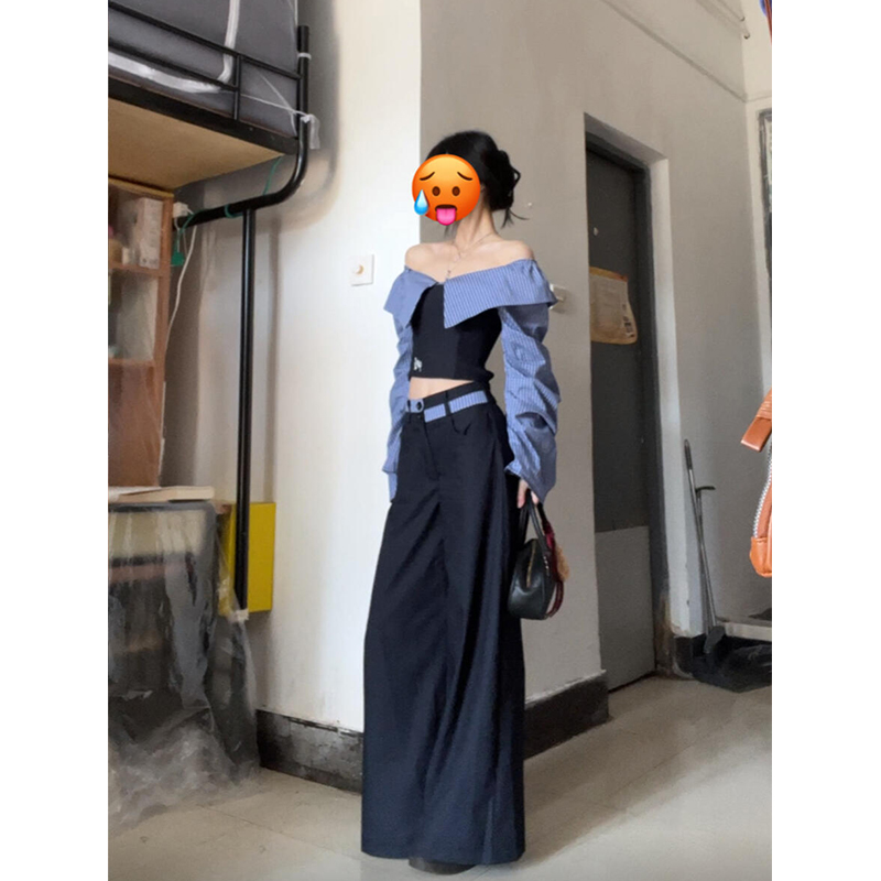 一字肩条纹拼接格子衬衫女早春季2025新款长袖修身显瘦设计感上衣