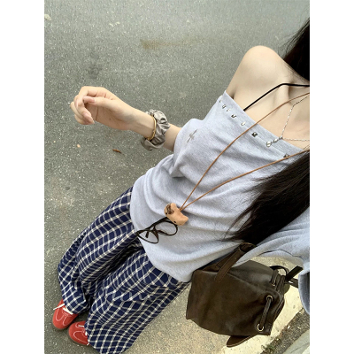 烫钻柳丁刺绣斜肩短袖t恤女上衣