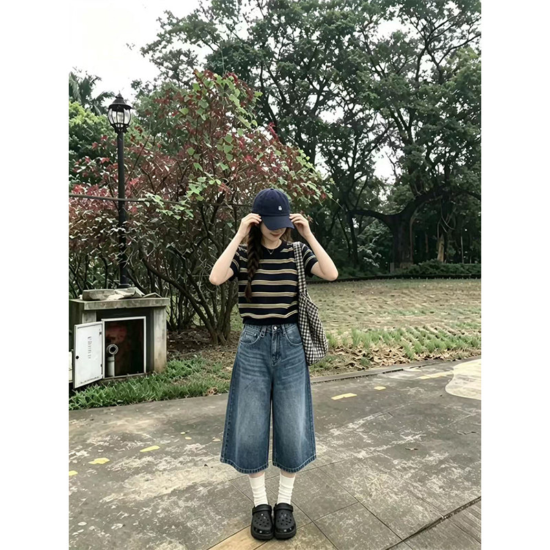 复古蓝色高腰七分牛仔裤女夏薄款图片