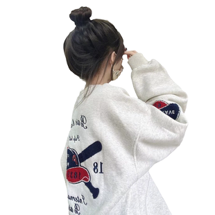 美式复古棒球刺绣oversize圆领卫衣女秋冬款加绒加厚高街无帽上衣