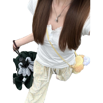 蕾丝花边短袖t恤女夏bm短款上衣