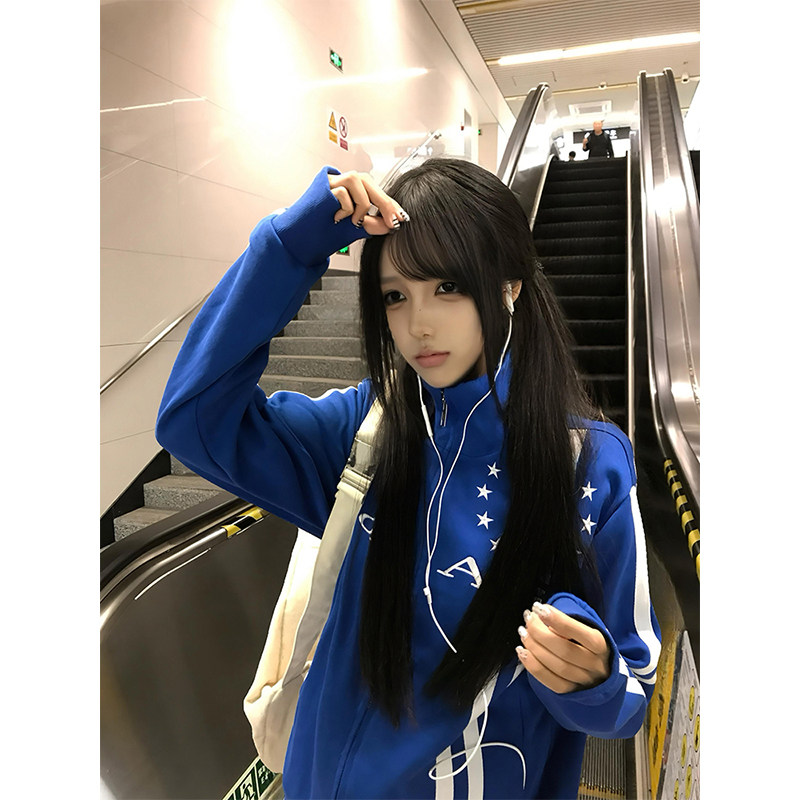 蓝色刺绣双条纹立领短款开衫卫衣外套女款春秋季拉链运动夹克上衣