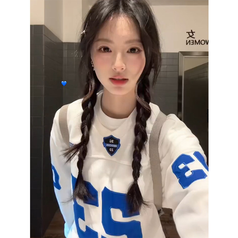 潮牌美式复古数字印花运动风长袖t恤女秋季小众宽松休闲百搭上衣