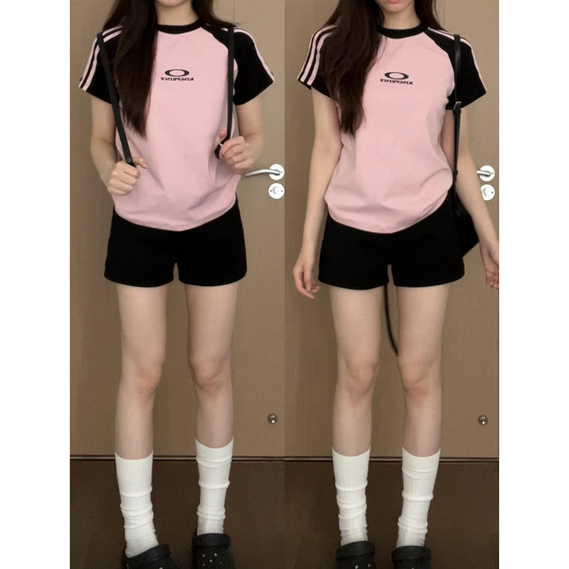 美式正肩短袖t恤女辣妹修身上衣