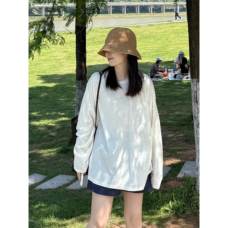 白色韩系长袖t恤防晒罩衫女夏季薄款透气凉感宽松韩版慵懒风上衣