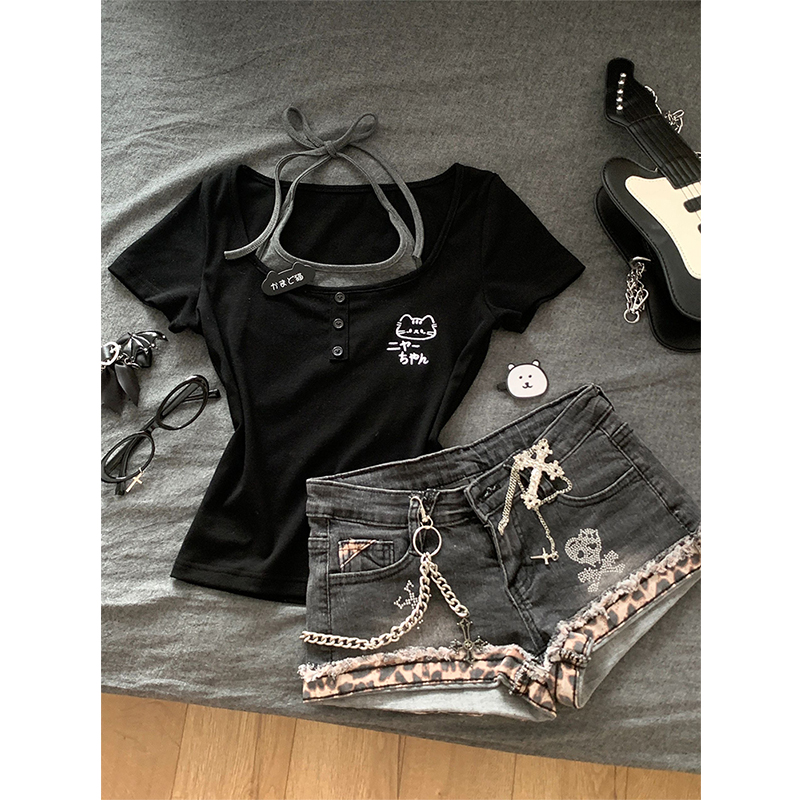 辣妹挂脖正肩收腰短袖t恤女上衣