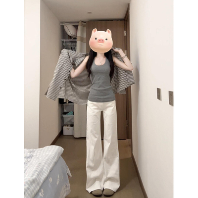 白色微喇直筒牛仔裤女高腰阔腿裤