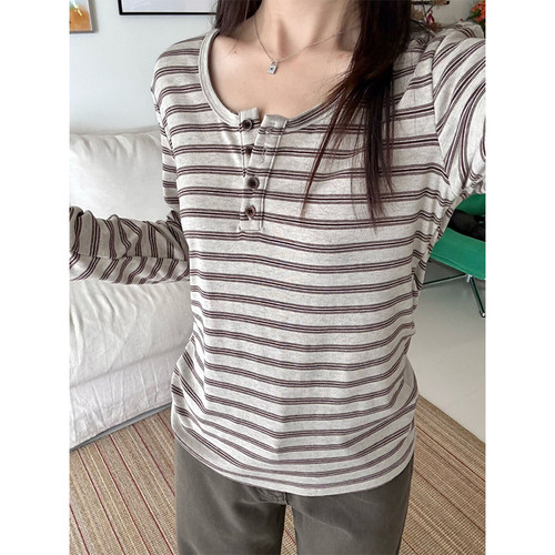 韩系条纹亨利领长袖打底衫女上衣
