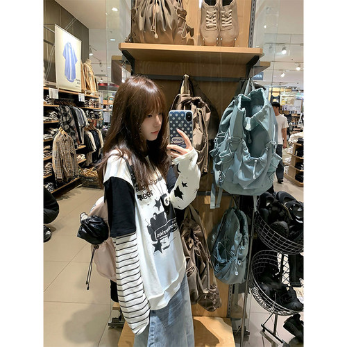 拼接撞色假两件长袖t恤女秋上衣