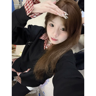 黑色衬衫拼接假两件polo领卫衣女