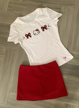 白色圆领波点kitty猫印花短袖t恤女夏季韩系修身显瘦短款辣妹上衣