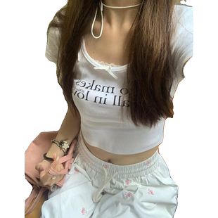 美式白色蕾丝花边正肩短袖t恤女夏季修身chic甜辣妹短款bm风上衣