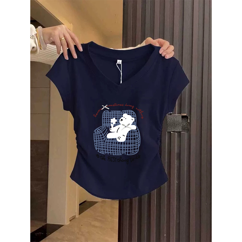 藏青色短袖v领正肩t恤女2025新款夏季修身显瘦褶皱设计感辣妹上衣