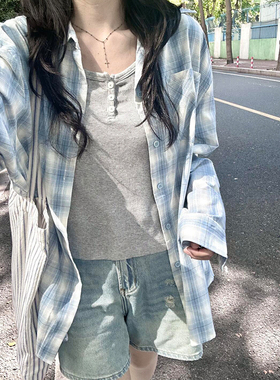 防晒格子衬衫女春秋2024新款蓝色法式上衣长袖慵懒风夏季薄款外套