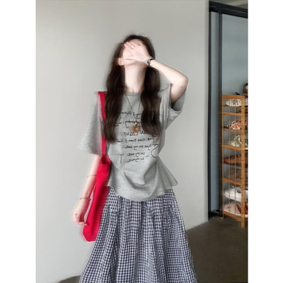 字母印花t恤灰色短袖女夏季宽松