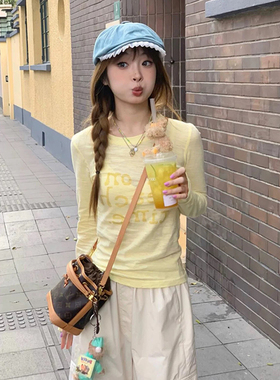 黄色字母印花防晒罩衫女夏季薄款修身短款辣妹长袖t恤设计感上衣