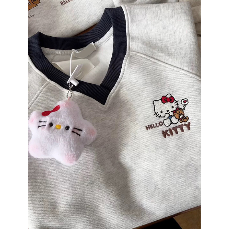 美式复古V领刺绣kitty猫卫衣女款