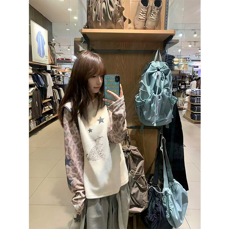 美式复古星星豹纹插肩袖华夫格长袖t恤女早秋季宽松情侣高街上衣