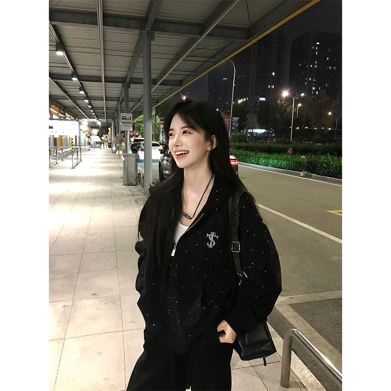 潮牌满天星烫钻黑色连帽卫衣女春秋新款拉链开衫美式高街情侣外套