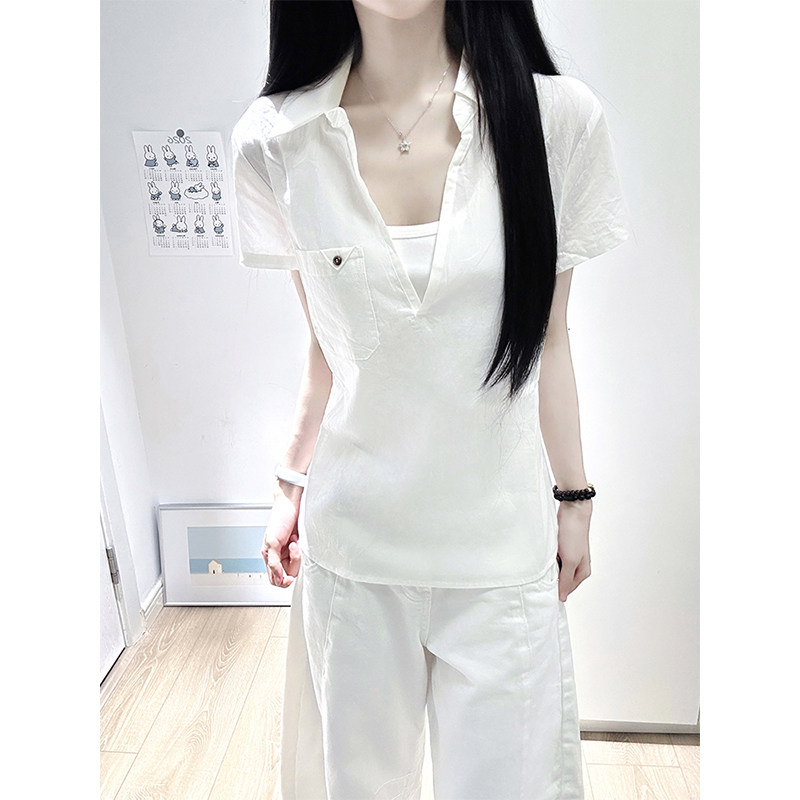 莱赛尔天丝V领收腰短袖衬衫女夏