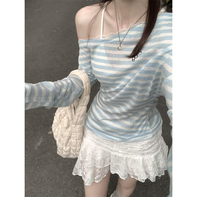 韩系甜美条纹斜肩收腰防晒罩衫女夏季宽松慵懒风薄款网纱修身上衣
