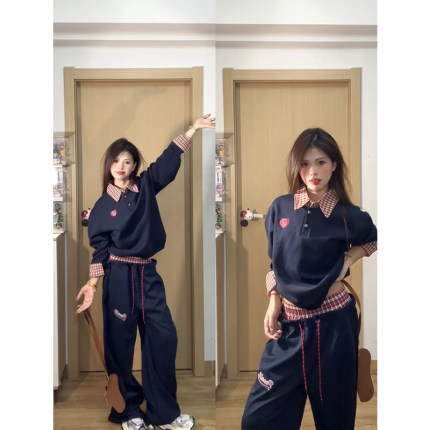 美式慵懒chic长袖套头格子polo领卫衣女春秋款无帽设计感小众上衣
