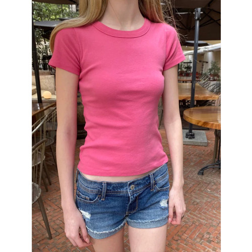 玫粉色bm风圆领正肩短袖t恤女夏