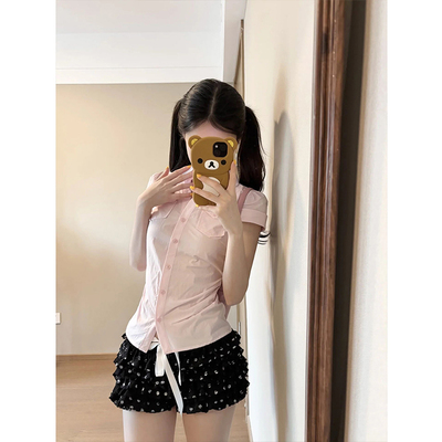 粉色短袖衬衫女别致修身短款上衣