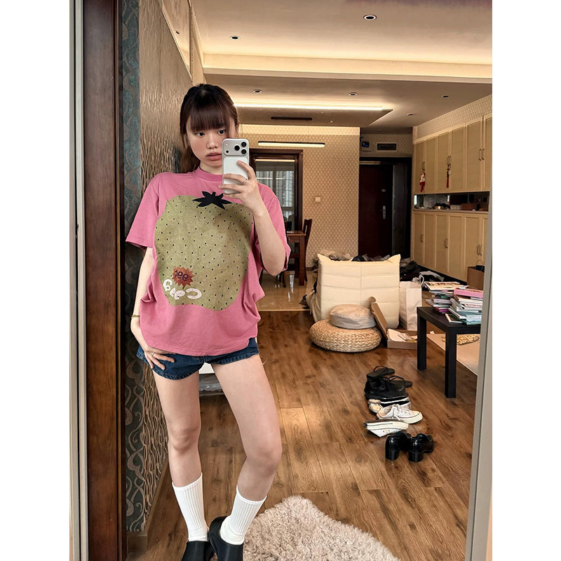 玫粉色水果印花短袖宽松t恤女夏季多巴胺纯棉半袖百搭慵懒风上衣
