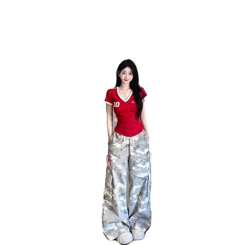 美式v领正肩球衣运动风短袖t恤女夏季辣妹修身设计感红色短款上衣