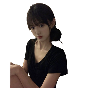 黑色纯棉短袖v领正肩t恤女2026新款夏季修身显瘦气质百搭辣妹上衣