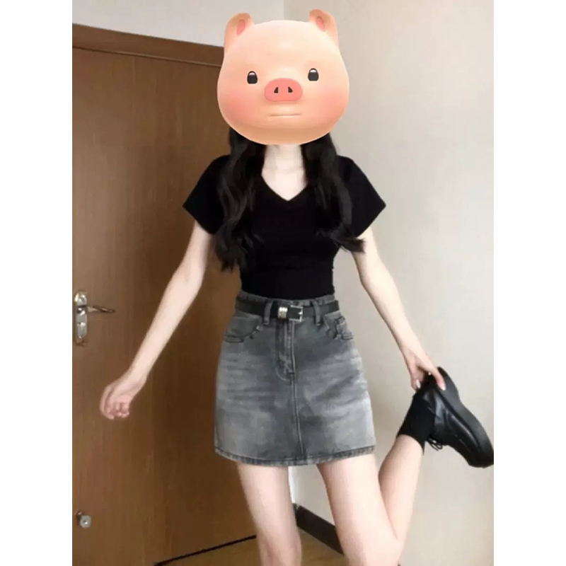 黑色v领纯棉短袖正肩t恤女